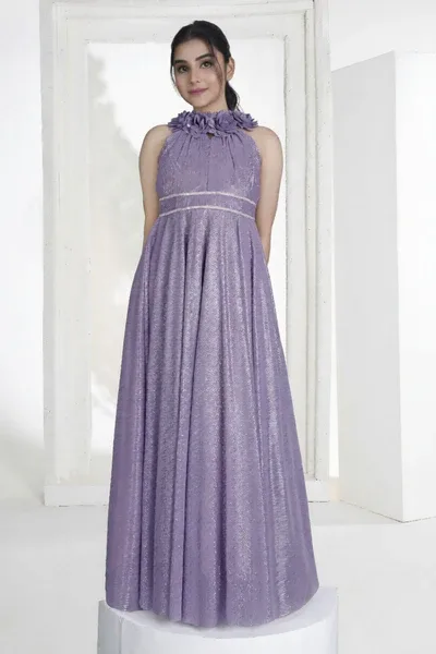 Lavender High-Neck Floral Emblished Party Gown for Girls